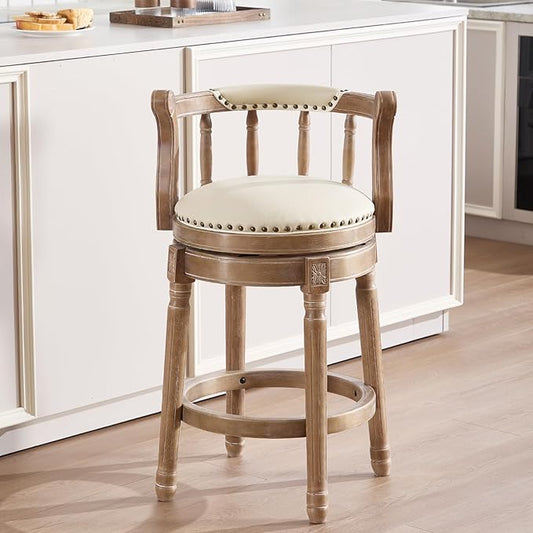 CozyRain Bar Stools Modern Swivel Barstools,Kitchen Counter Genuine Leather Upholstered Vintage Barstool for Home Kitchen Dining Room (Beige, Seat Height 26 in)