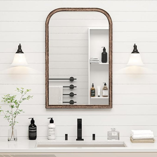 20"x30" Solid Wood Bathroom Mirror Arch Tempered Glass for Wall Mounted, Rustic Wood Frame Wall Mirror Decorative for Living Room Bedroom Vanity Mirror Entryway Mirror, Rustic Brown
