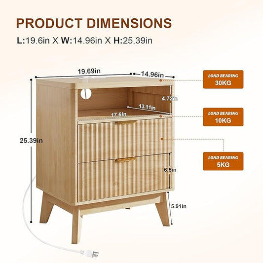 LYNCOHOME Fluted Nightstand Set of 2 with Charging Station, 19.7 inch Wide with 2 Drawers, Modern Wood Bedside Table for Bedroom, Natural