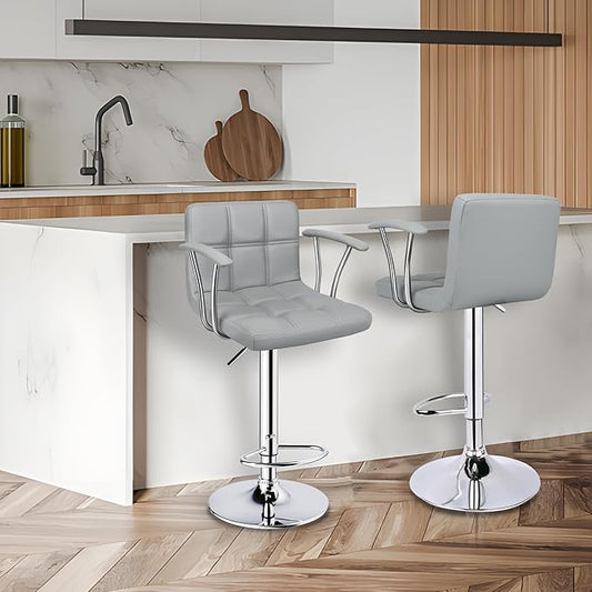 Bar Stools Set of 2,Armrest Adjustable Swivel Barstools with Back,Double Needle PU Leather Counter Height Bar Stools for Kitchen Island, Light Grey