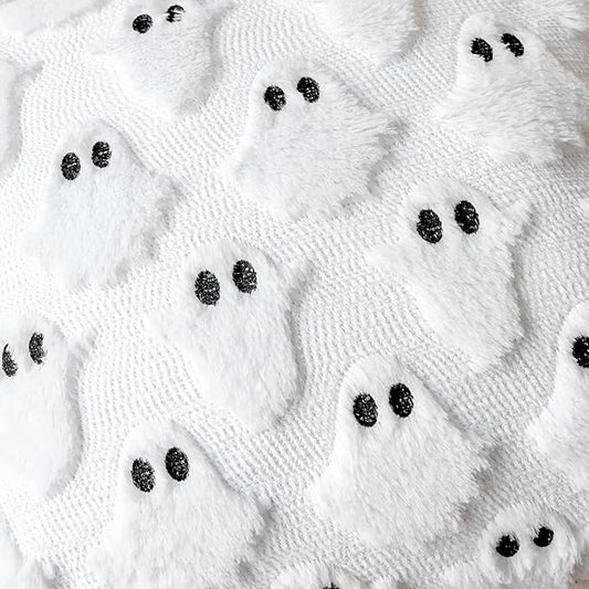 4TH Emotion Halloween Ghost Decorative Pillow Covers 16x16 Set of 2, White Soft Plush Faux Fur Farmhouse Throw Cushion Cases for Fall Autumn Holiday Home Decorations