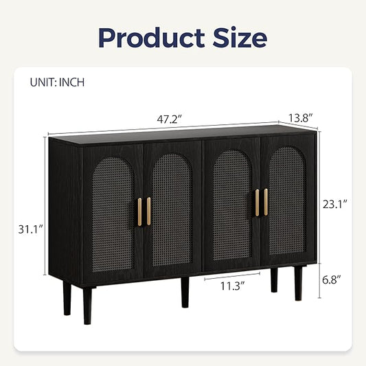 Rattan Cabinet, Mid-Century Modern Buffet Cabinet with 4 Rattan Doors, Black, 47x14x30 inch, Kitchen Sideboard