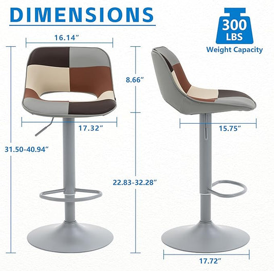 YOUNIKE Bar Stools Set of 2, Boho Colorful Patchwork Faux Leather Barstools, Adjustable Swivel Counter Height Bar Stool Upholstered Counter Stools with Hollow Back for Kitchen Island, GreyBeige