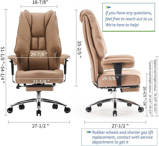 Big and Tall Office Chair 400lbs Wide Seat, Leather High Back Executive Office Chair with Foot Rest, Ergonomic Chairs Lumbar Support for Lower Back Pain Relief (Brown)