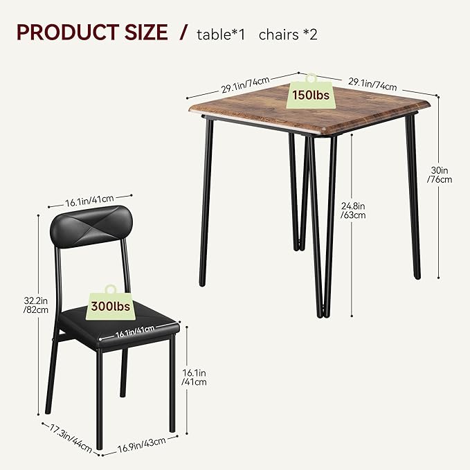 GarveeHome Dining Table Set for 2, Kitchen Table with Upholstered Chairs for Kitchen Room and Small Spaces (Vintage, Table with 2 Chairs)