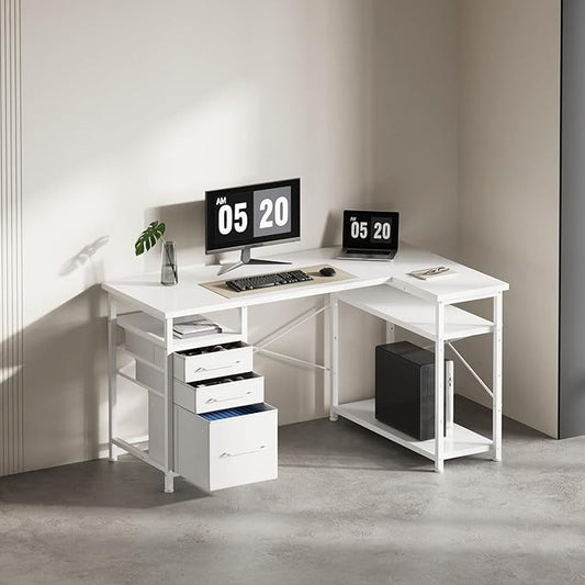 47" Computer Desk with Drawers, Desks for Bedrooms, Writing Desk with Storage, Work Desk for Small Space, White