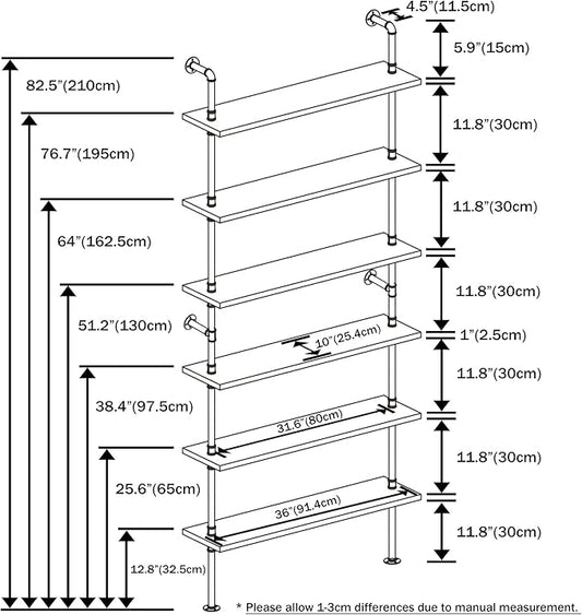 6 Tier Industrial Ladder Shelf Bookcase, Wall Mounted Rustic Bookshelf for Living Room Decor and Storage (Walnut Color, 6 Tier - 10" D x 36" W x 82.5" H)