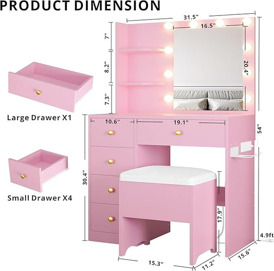 IRONCK Vanity Desk with Mirror and Lights, Small Makeup Vanity Table with 5 Drawers, Power Outlet, and Vanity Stool, 3 Lighting Colors, Dressing Table for Women Girls Bedroom, Pink