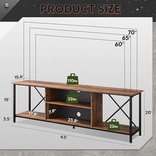 WLIVE TV Stand for 70 Inch TV, Entertainment Center with Storage, Industrial TV Console for Living Room and Bedroom, Rustic Brown