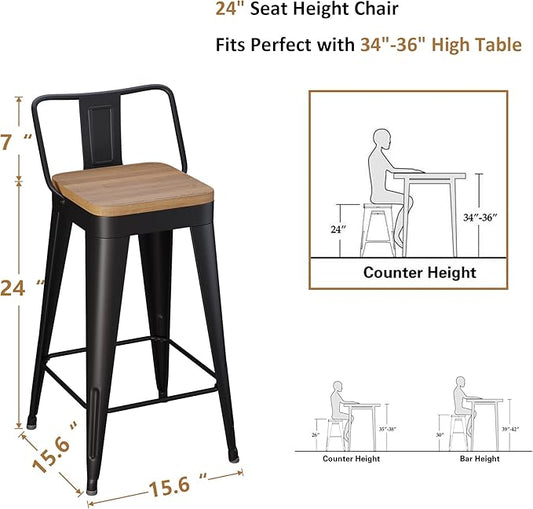 WENTMENT Metal Bar Stools Set of 4 Counter Height Barstools with Removable Back 24" Kitchen Bar Stools with Wooden Seat, Black