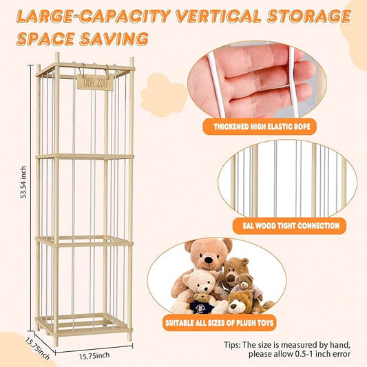 Stuffed Animal Storage, Wood Stuffed Animal Zoo Storage, 54 inch Large Plushy Organizers, Space Save Vertical Stuffed Animals Holder Holds 50+ Stuffed Animals for Nursery Playroom Bedroom (Log Color)