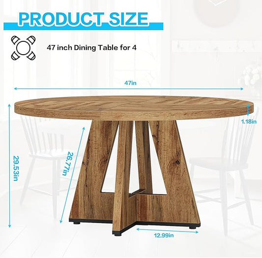 47" Round Dining Table for 4-6, Modern Dinner Table Farmhouse Round Small Kitchen Tables with Wooden Cross Base for Dining Room, Kitchen, Living Room, Retro Brown