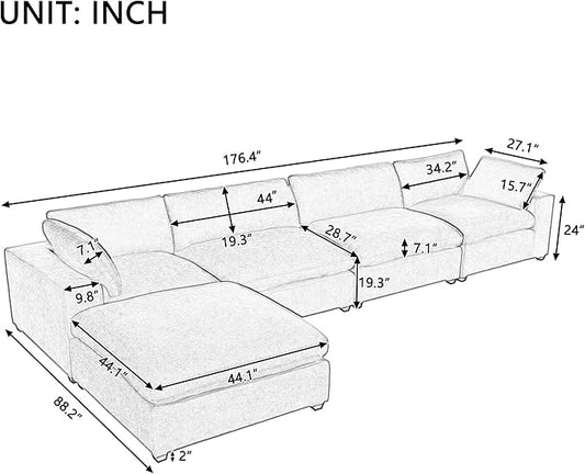176.4 Inch L Shaped Modular Sectional Sofa with Removable Ottoman, 5-Seater Oversized Deep Seat Corner Couch for Living Room, Apartment, Office, Spacious Space, Grey