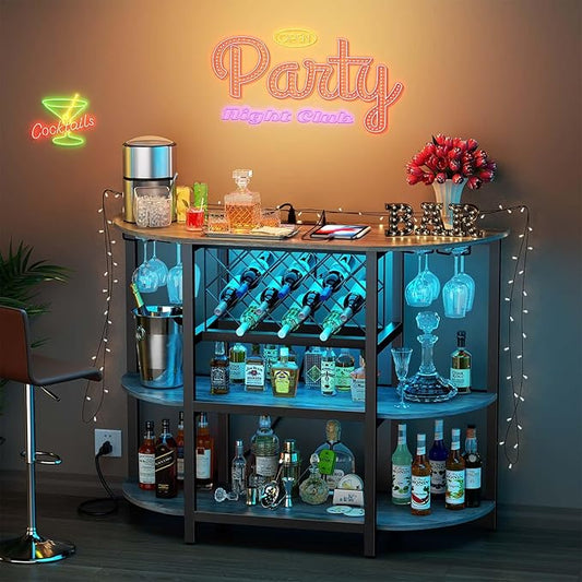 Zarler Bar Cart with Power Outlet Easy to Assemble, LED Home Bar Cabinet for Liquor, 47.3" L x 15.8" D x 36" H Metal Mini Bar Table with 4-Tier Storage, Light Grey
