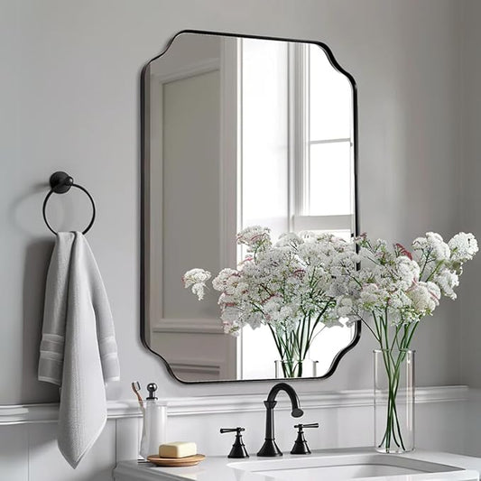 Black Wall Mirror, 24"x36" Black Scalloped Mirror, Unique Curved Edge Design, Anti-Rust SUS304 Frame, Hangs Vertical or Horizontal