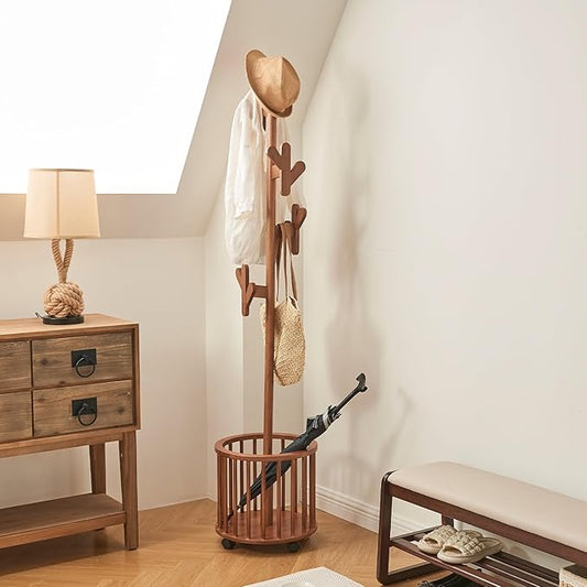 CozyDH Solid Wood Coat Rack Freestanding with Lockable 360° Rotary Casters, Coat Tree Stand with Umbrella Holder & Laundry Basket Storage & 12 Hooks, Walnut