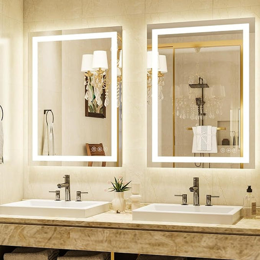 32'' x 24'' LED Bathroom Mirror with Lights, Wall Mirror with Front and Backlight, 3 Colors Vanity Mirror with Lights, Anti-Fog Wall Mirror for Bathroom