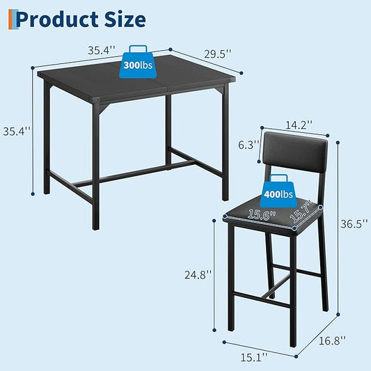 IDEALHOUSE Dining Table Set for 2 w/Counter Height Table & 2 Upholstered Bar Stools, 3-Piece Kitchen Table Set with Footrest & Corner Protector, for Kitchen Room, Apartment, Pub