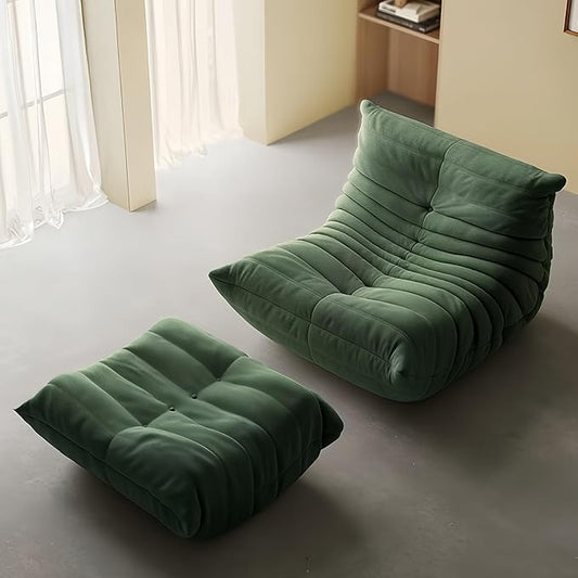 Bean Bag Chair - Memory Foam Bean Bag Chair for Adults, Comfy High-Resilience Single Sofa, Small Space Floor Chair, Chaise Lounge for Living Room, Bedroom(Dark Green, Wrinkles+Ottoman)