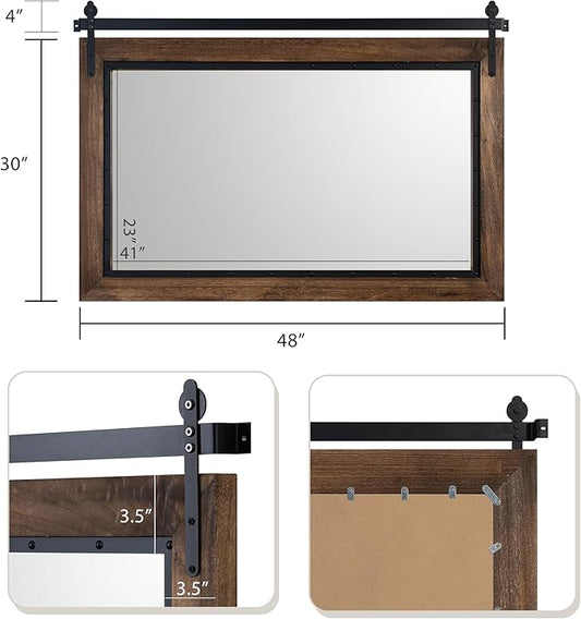 YOSHOOT Farmhouse Barn Door Mirror, 48"x30" Rustic Bathroom Mirror, Wood Frame Wall Mirror, Wooden Mirror for Living Room Bedroom Entryway Wall Décor, Horizontal Hanging ONLY