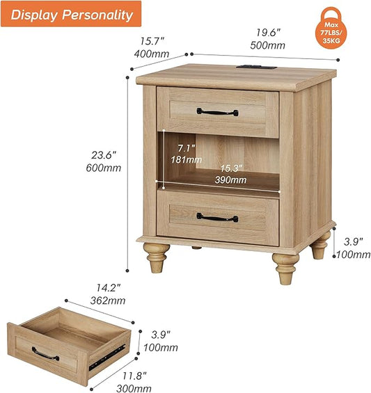 WAMPAT Oak Night Stand with 2 Drawers, Wooden Sofa Side Table with Charging Station, Farmhouse End Table for Living Room, Retro Nightstand Bedside Table for Bedroom