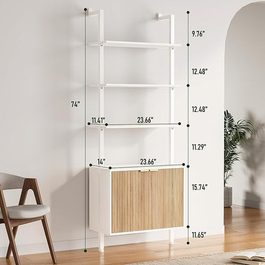 74" Tall Bookshelf with Storage Cabinet, Modern Ladder Shelf with Wood and Metal Frame, Wall Mount Bookcase Open Display Shelf Furniture for Living Room, Bedroom, Home Office, White and Oak