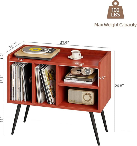 Record Player Stand with Vinyl Storage,Turntable Stand with Solid Wood Legs,Record Player Table Holds Up to 200 Albums,Vinyl Holder Storage Shelf for Bedroom Living Room,Walnut