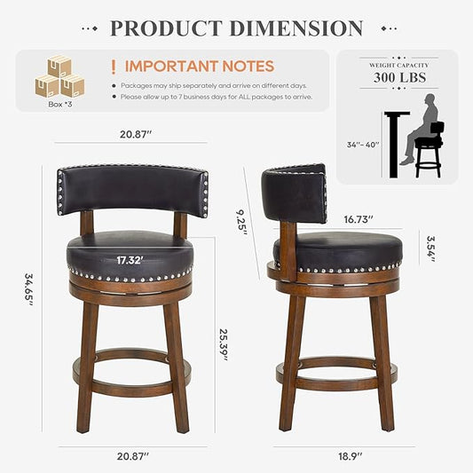 COLAMY Swivel Bar Stools Set of 3, Swivel Counter Height Barstools with Back, 25 Inch Modern Upholstered Bar Stools for Kitchen Island Dining Room Bar, Dark Brown