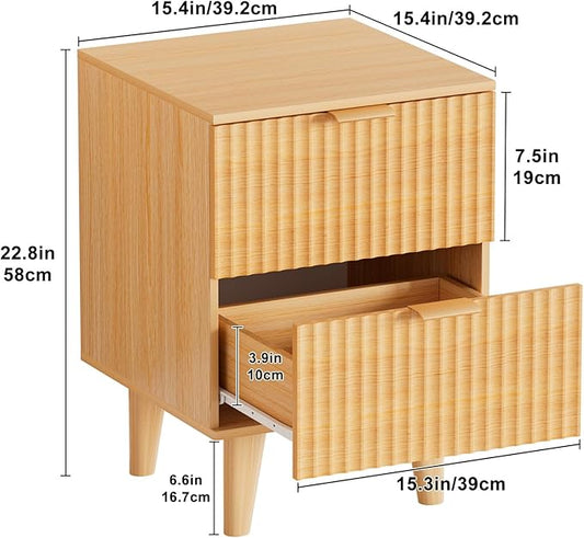Urban Deco Fluted Nightstand with Storage, Mid Century Modern Nightstand, Wooden Side Table with 2 Fluted Drawers, End Table with Solid Wood Legs for Bedroom,15.4 x 15.4 x 22.8 in (Natural)