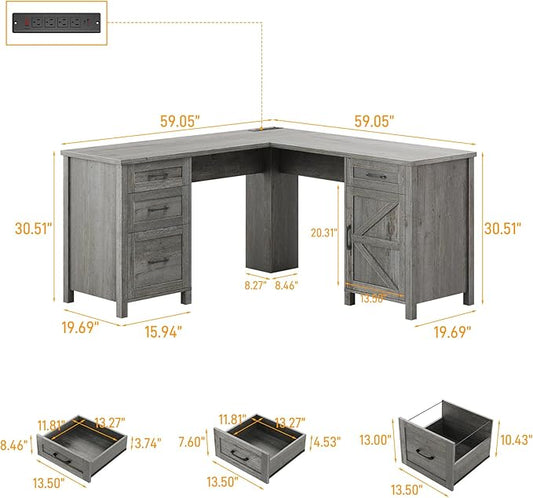 59” L Shaped Executive Desk with Power Outlets, Farmhouse Home Office Desk with Flie Drawer,Stroage Cabinet, Wood Corner Sturdy Writing Workstation.(Gray.