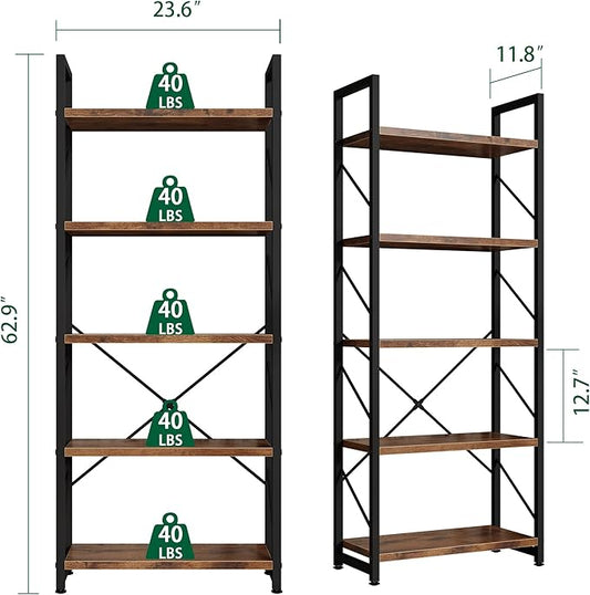 Shintenchi 5 Tiers Bookshelf, Classically Tall Bookcase Shelf, Industrial Book Rack, Modern Book Holder in Bedroom/Living Room/Home/Office, Storage Rack Shelves for Books/Movies-Rustic Brown