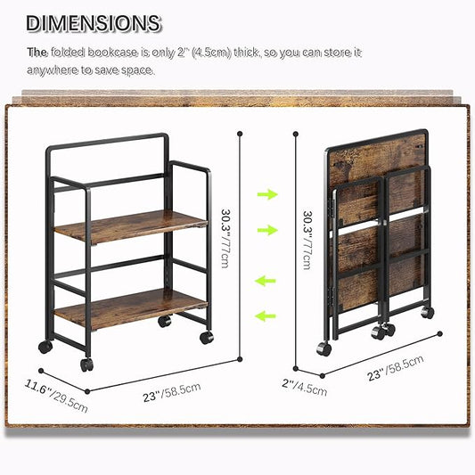 4NM 2 Tiers No-Assembly Folding Bookshelf with Wheels, Portable Rolling Storage Foldable Bookcase & Compact Side Table for Living Room, Bedroom, Kitchen, Bathroom (Rustic Brown and Black)