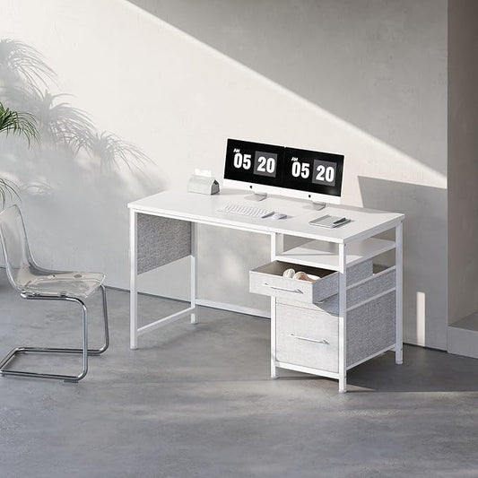Maihail Maihail Small Desk with Drawers, 47 inch Computer Desk with Shelves, Writing Desk with Storage, Small Office Desk with Metal Frame, White