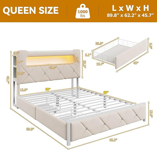 Queen Upholstered LED Bed Frame with 2 Storage Drawers and 2-Tier Storage Headboard,Velvet Princess Platform Bed with Charging Station & Bookcase, Corner Bed Frame, Heavy Duty Metal Support, Beige