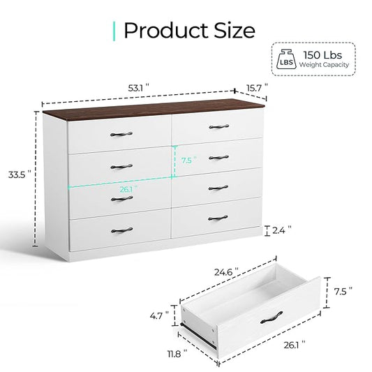 LINSY HOME 8 Drawer Dresser for Bedroom, 54" Wide Chest of Drawers, Modern TV Stand Dressers with Wood Frame and Metal Handles, Large Drawer Organizer for Bedroom, Living Room, White