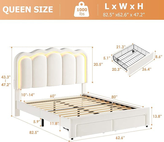 Queen Upholstered LED Bed Frame with 2 Storage Drawers and Adjustable Chic Double Wavy Headboard, Velvet Princess Platform Bed with Charing Station, Solid Wood Slats Support,No Box Spring Needed,Beige