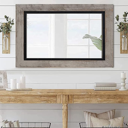 YOSHOOT Rustic Wooden Framed Wall Mirror, 32"x24", Natural Wood and Iron Bathroom Vanity Mirror for Farmhouse Decor, Vertical or Horizontal Hanging