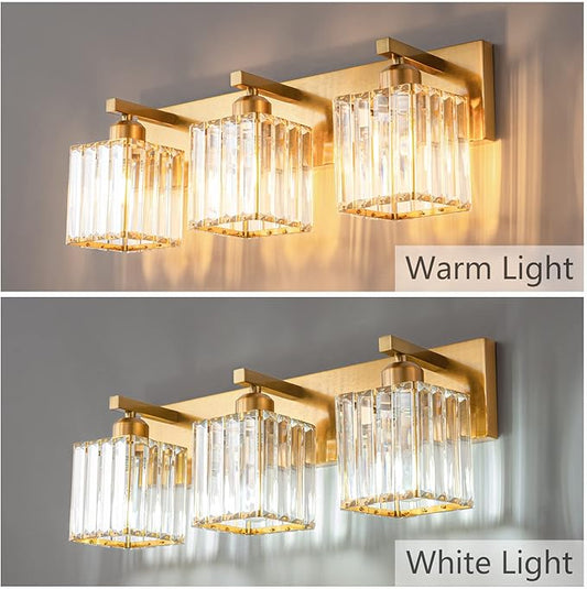 Modern Bathroom Vanity Light 3-Lights Gold Crystal Bathroom Wall Light Vanity Light Fixtures,20.47-inch Modern Minimalist Design