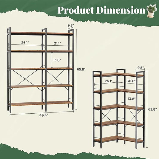 Huuger 5 Tier Bookshelf, L Shaped Corner Bookshelf with 10 Open Shelves, 49.4 Inch Straight Wide Bookcase with Metal Frame and Wooden Board, Adjustable Feet, Rustic Brown