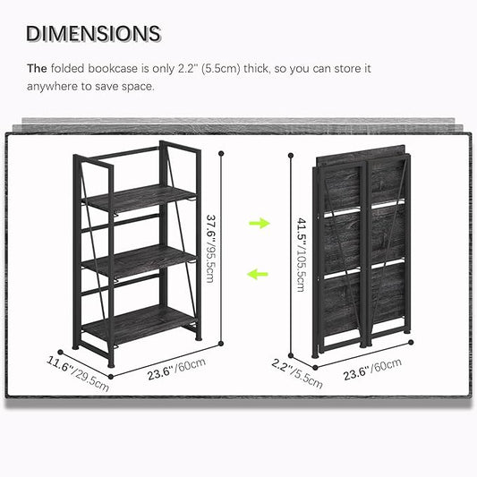 4NM No-Assembly Folding Bookshelf Storage Shelves 3 Tiers Vintage Bookcase Standing Racks Study Organizer Home Office (Gray Black)