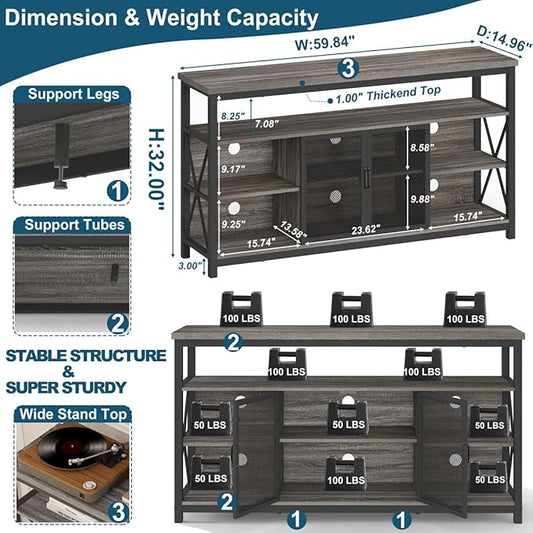 BON AUGURE Tall TV Stand for TVs up to 65 Inch, Industrial Entertainment Center with Storage Cabinet, Rustic Wood Media Console Table for Living Room and Bedroom (32 Inch High, Grey Oak)