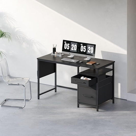 Maihail Maihail Small Desk with Drawers, 47 inch Computer Desk with Shelves, Writing Desk with Storage, Small Office Desk with Metal Frame, Black