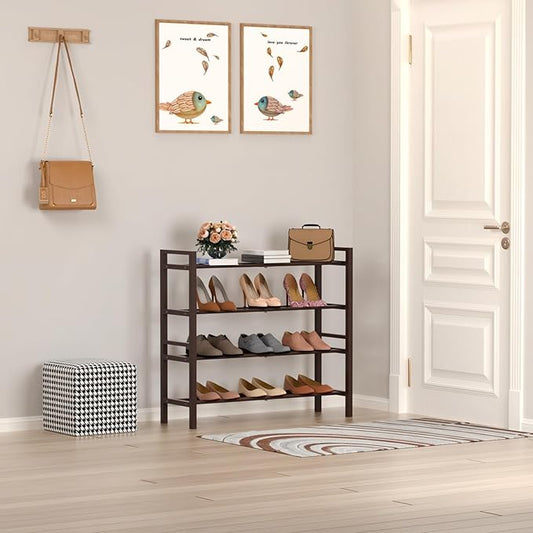 Haddockway Bamboo Shoe Rack for Closet, Free Standing Shoe Organizer with Smooth Round Rods & Convenient Handles, Stackable Shoe Storage Shelf for Entryway, Hallway(Brown, 4-Tier)