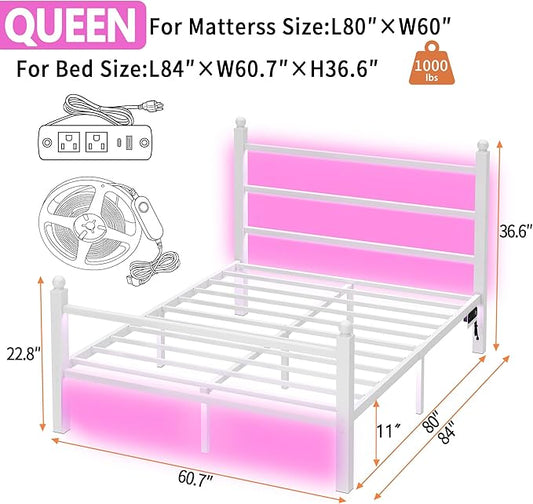 Queen Bed Frame with Headboard and Footboard,Steel Slats Support-LED Bed Frame with USB Charging Station,Mattress Foundation-Under Bed Storage,No Box Spring Needed,Noise Free,White