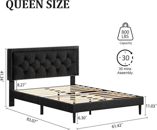 Queen Size Platform Bed Frame with Upholstered Velvet Button Tufted Headboard, Mattress Foundation with Wooden Slat Support, No Box Spring Needed, Easy Assembly, Noise Free, Black
