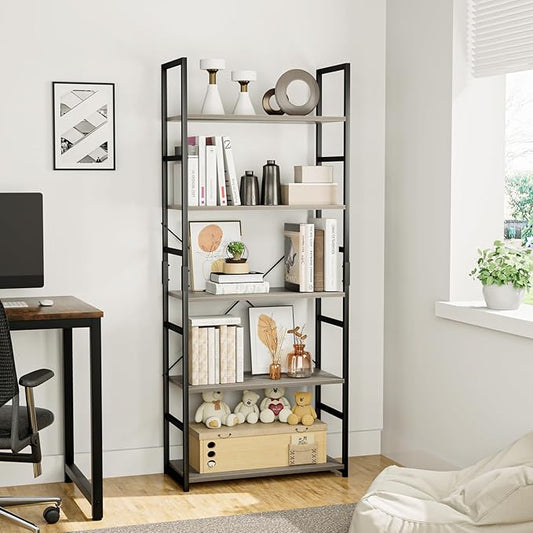 OTK 5 Tier Bookshelf, Tall Bookcase, Office Shelf Storage Organizer, Modern Book Shelf for Living Room, Bedroom, and Home Office, Grey