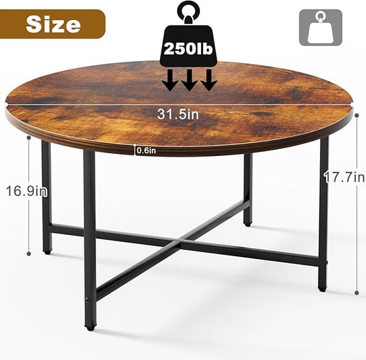 Round Coffee Table, 31.5" Circle Coffee Table,Modern Round Coffee Tables Living Room, Large Coffee Table Round for Indoor & Outdoor Use, Office, Patio or Garden, Rustic Brown (31.5" D*17.7" H)