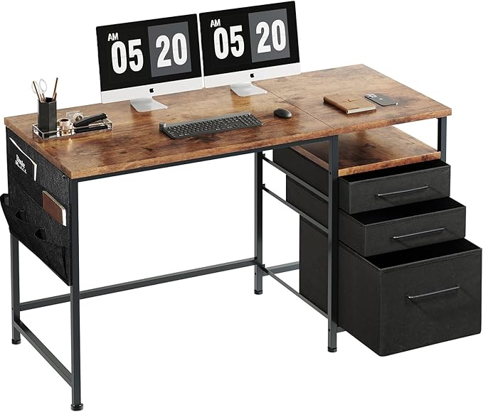 Maihail Maihail Computer Desk with Drawers, 47 Inch Desk with 2 Drawers and Shelves, Office Table with Storage, Home Office desks, Metal Frame for PC Laptop, Rustic Brown