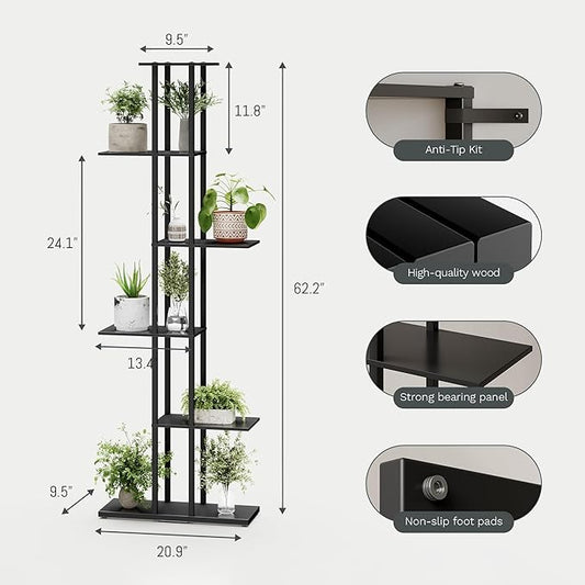 Bookshelf,Small Bookcase for Small Space,6-Tier Bookshelf for Living Room, Home Office, Study,9.45 x 20.8 x 62.2 Inches,Black