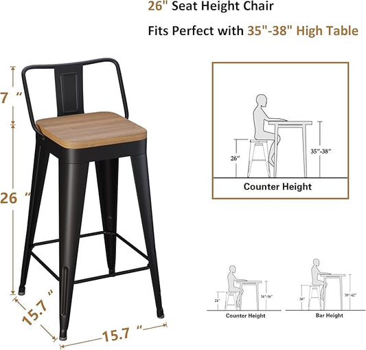 WENTMENT Metal Bar Stools Set of 4 Counter Height Barstools with Removable Back 26" Kitchen Bar Stools with Wooden Seat, Black